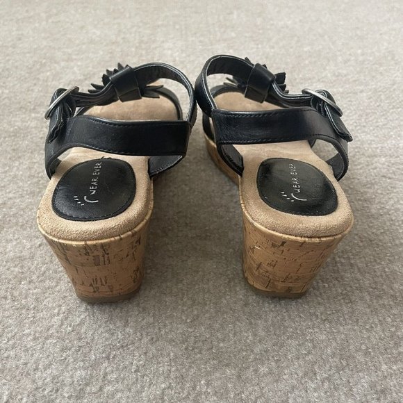 Wear Ever Sandals Womens 7.5 Black Faux Leather Floral Wedge Buckle 3" Heel - Picture 4 of 15